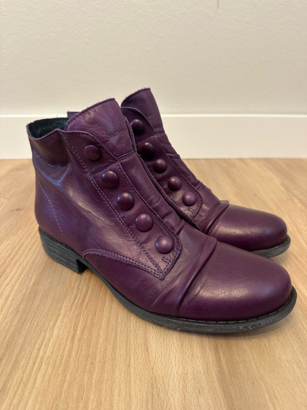 Miz Mooz Louise Women’s Eggplant Purple Button-Accent Leather Ankle Boots